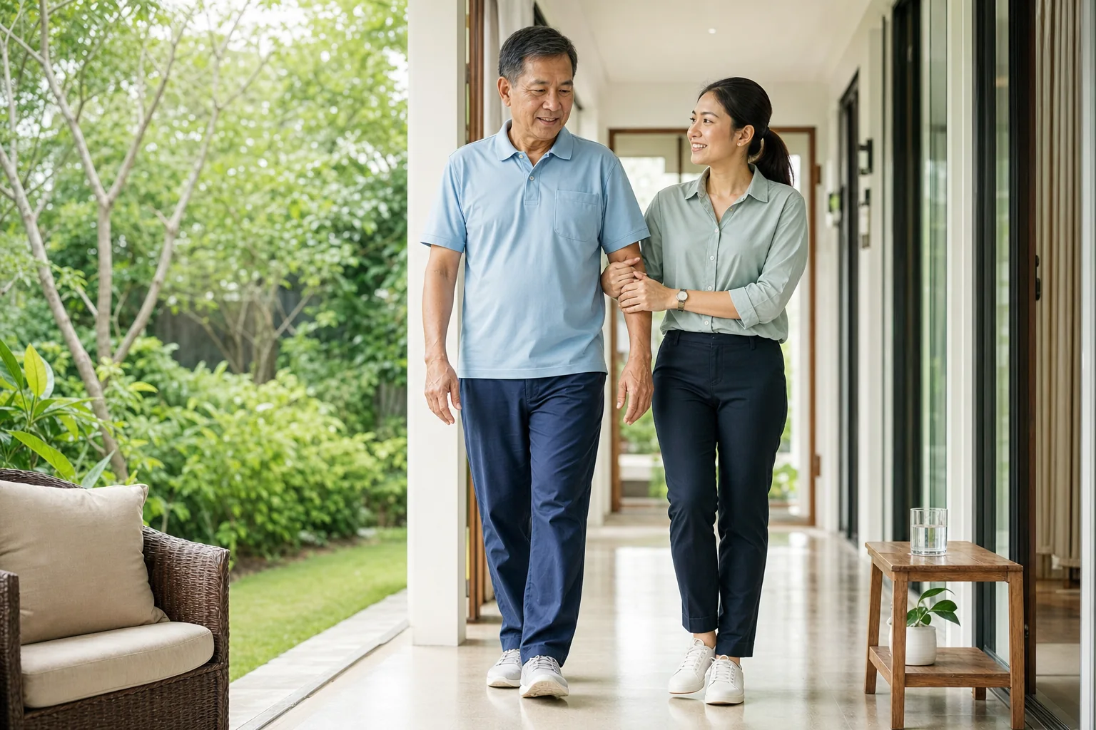 ผู้สูงอายุชายไทยเดินเบา ๆ ที่บ้านโดยมีลูกสาวช่วยประคอง